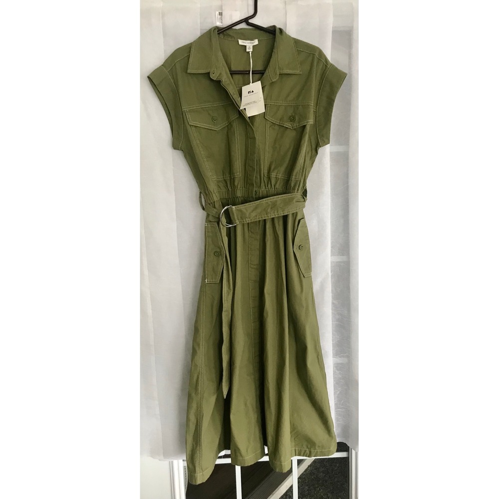 Free Assembly Womens Olive Green Utility Midi Dress Cotton Belted M